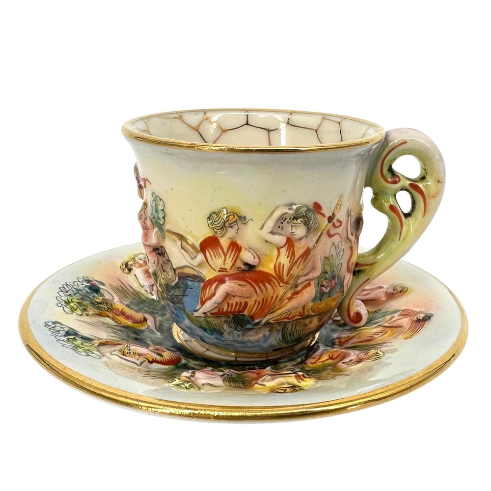 Vintage CAPODIMONTE Italian‎ Porcelain Demitasse Cup Saucer Cherub Gold Trim